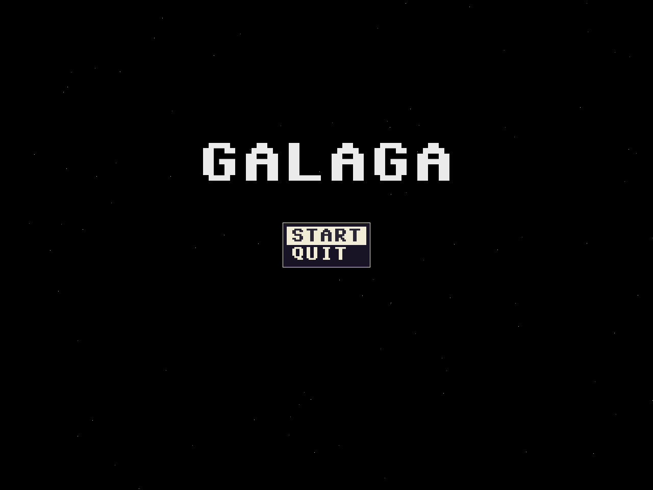 The title screen: the banner, the menu, the starfield