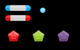 Two paddles, a ball and three coloured gems