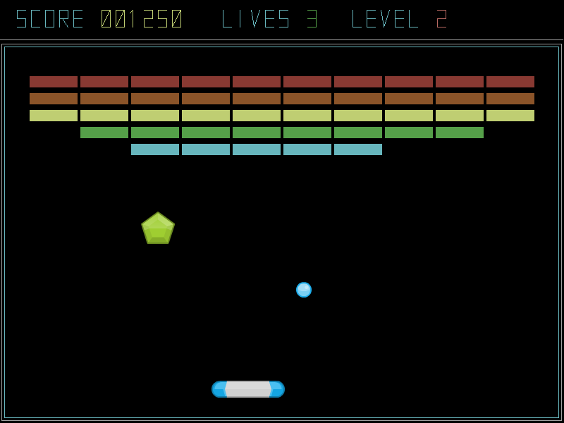 The finished game: a coloured HUD across the top, five rows of coloured bricks, a gem falling, the ball above the paddle