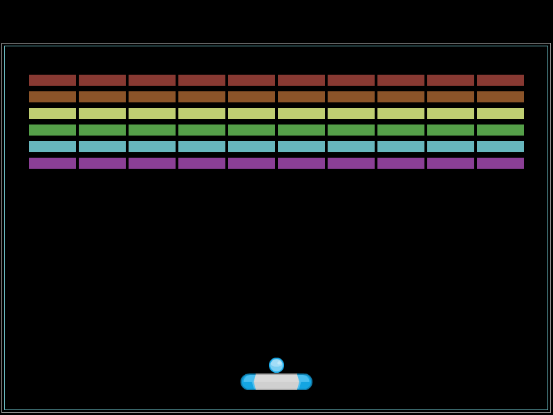 The full field: a double border, six rows of coloured bricks, the paddle and the ball