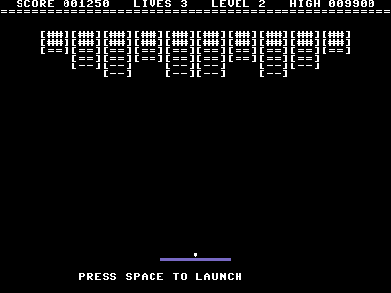 The finished game: a HUD line across the top, six rows of bricks, the ball resting on the paddle