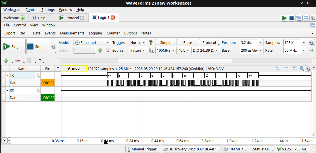 Logic analyzer showing UART traffic at the line level