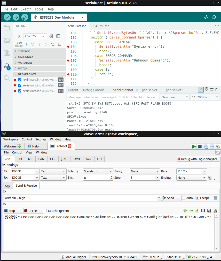 Debugger running and analyzer connected to UART