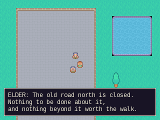 The finished JRPG: a player and a follower standing in a walled town beside a villager, with a dialogue panel open at the bottom of the screen reading "ELDER: The old road north is closed."