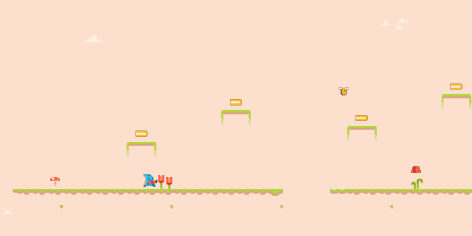 The finished sidescroller: a player standing on a grass platform, with coins on floating ledges, a blob on the ground and a moth in the air
