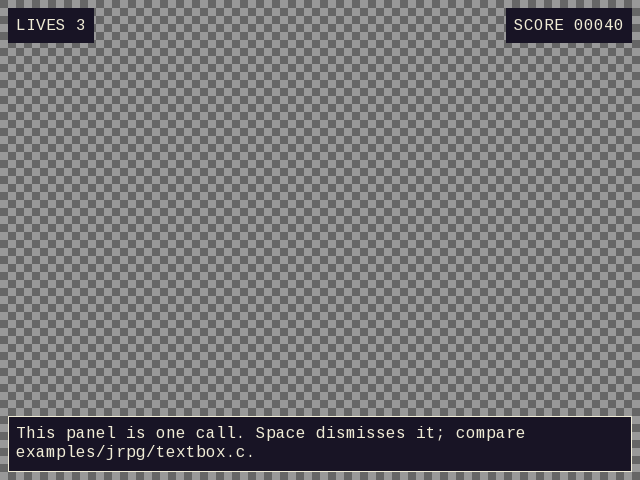 The UI demo's play screen: a LIVES label top-left, a SCORE label top-right, and a dialog panel across the bottom, over a checkerboard standing in for a game world